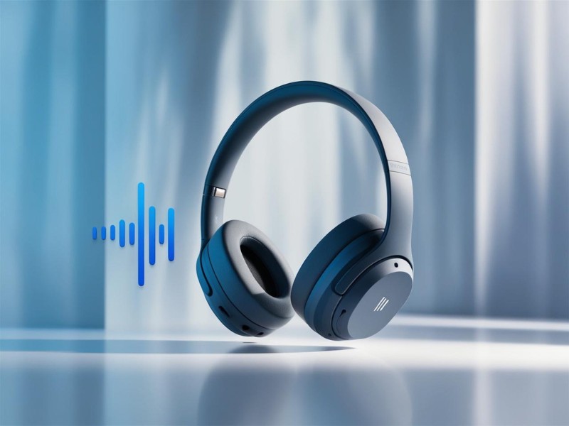 Auriculares inalámbricos modernos sobre un fondo oscuro con ondas de sonido abstractas que simbolizan la tecnología Dolby Atmos.