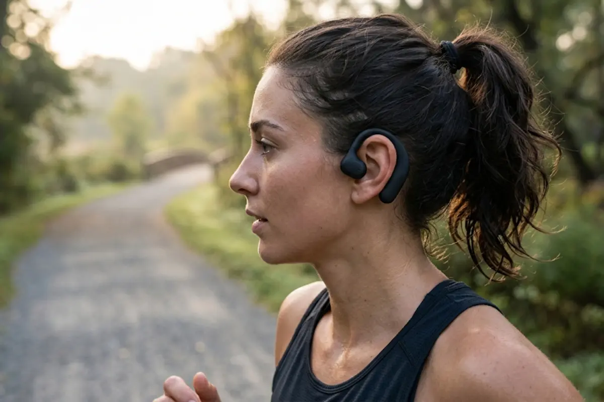 Corredora con auriculares deportivos de oído abierto con gancho, como los TONEMAC Q5
